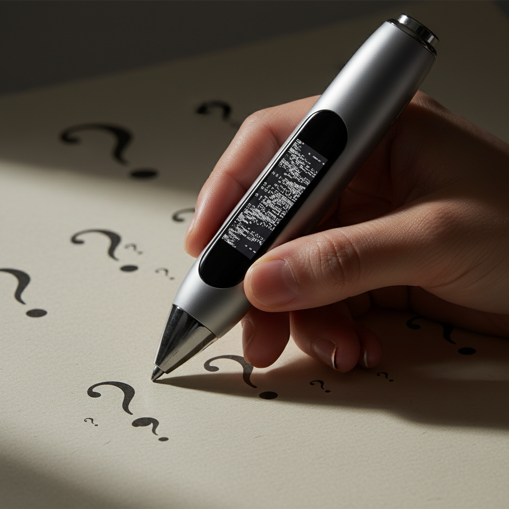 A close-up of an AI scanner pen attempting to scan a complex question on a paper test, but instead showing garbled, nonsensical text on its small screen. Frustration is subtly conveyed with a confused expression on a Korean hand holding the pen. Style: realistic product photography, slightly dark and confused lighting, textured paper background. No visible text. Korean appearance.