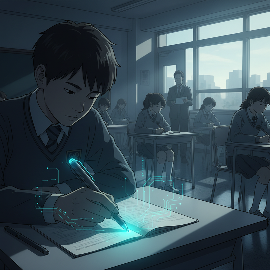 AI smart pen concept, students secretly using a scanning pen in a classroom setting, digital glow highlighting the 'smart' aspect, a sense of quiet tension. Style: cinematic illustration, modern design, subtle dramatic lighting, deep blue and grey tones. No visible text. Korean appearance.