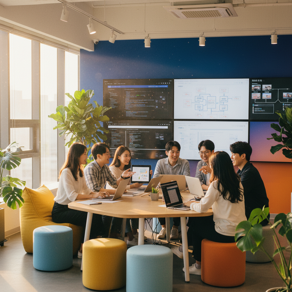 Korean startup team collaborating in modern office space with laptops and digital screens, warm natural lighting streaming through large windows, contemporary workspace with plants and colorful furniture, energetic atmosphere showing innovation and teamwork, lifestyle photography style with rich blue and orange gradient background