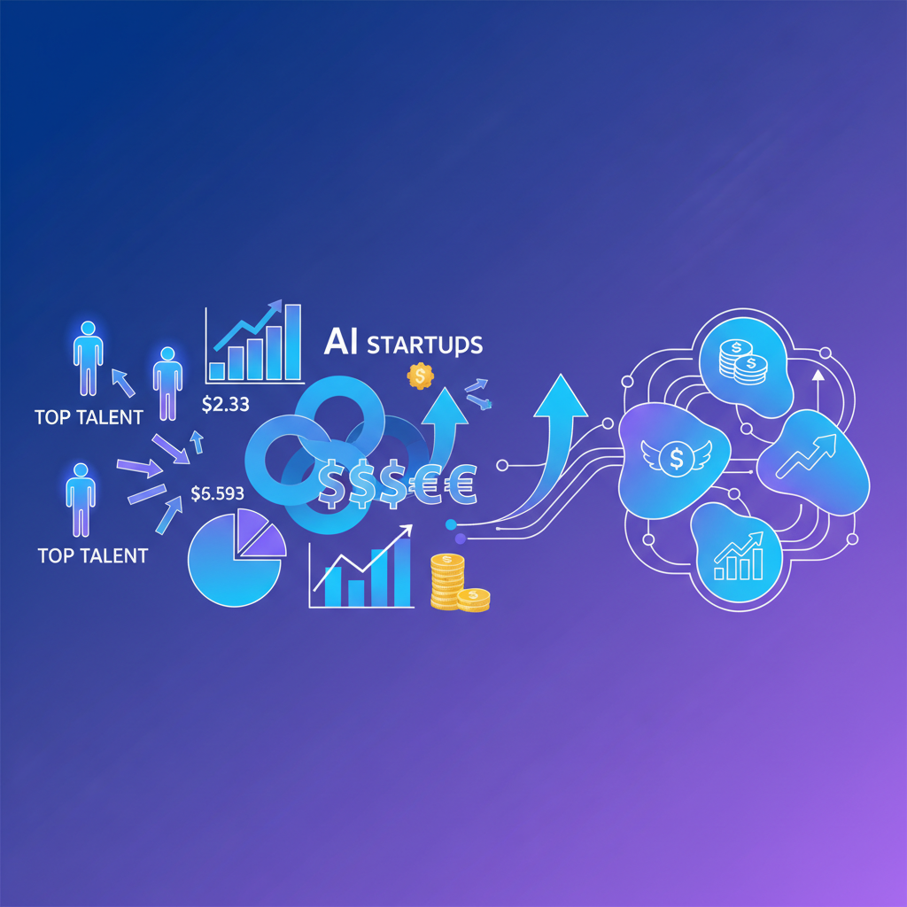 A dynamic infographic depicting AI startups attracting top talent with financial graphs and revenue figures instead of just tech demos. Style: clean infographic, modern layout, high contrast. Background: gradient blue and purple. No text.