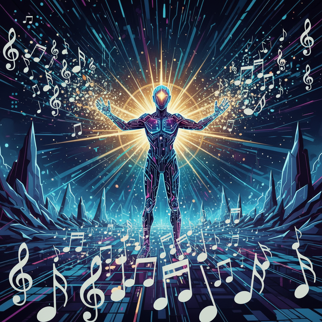 Dynamic illustration of a digital landscape filled with many identical, generic music notes being filtered out by a powerful, glowing AI guardian figure, symbolizing the fight against spammy AI tracks. High contrast, modern layout, dark but vibrant background. No text.