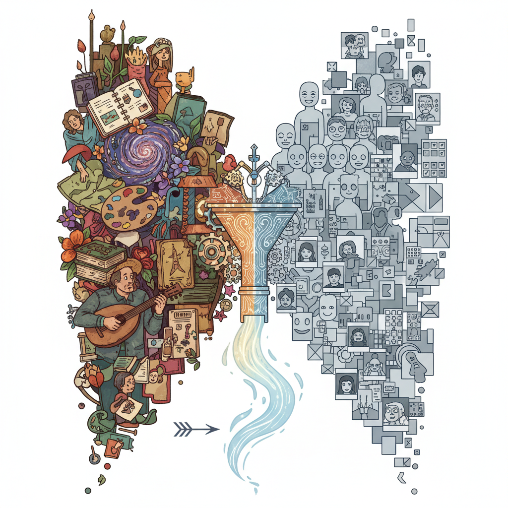 A visual metaphor depicting the contrast between high-quality, authentic content and 'AI slop' (low-quality AI content). Perhaps a stylized filter or a sorting mechanism, with one side showing vibrant, original creations and the other showing generic, uninspired AI output. Clear and conceptual. No text in image. Style: illustration.