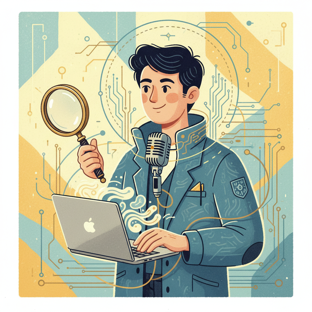 A journalist figure with an array of subtle tools around them: a magnifying glass for investigation, a small laptop for analysis, and a microphone for interviews, symbolizing diversified skills in the AI era. Style: illustration, bright lighting, textured background. No visible text.