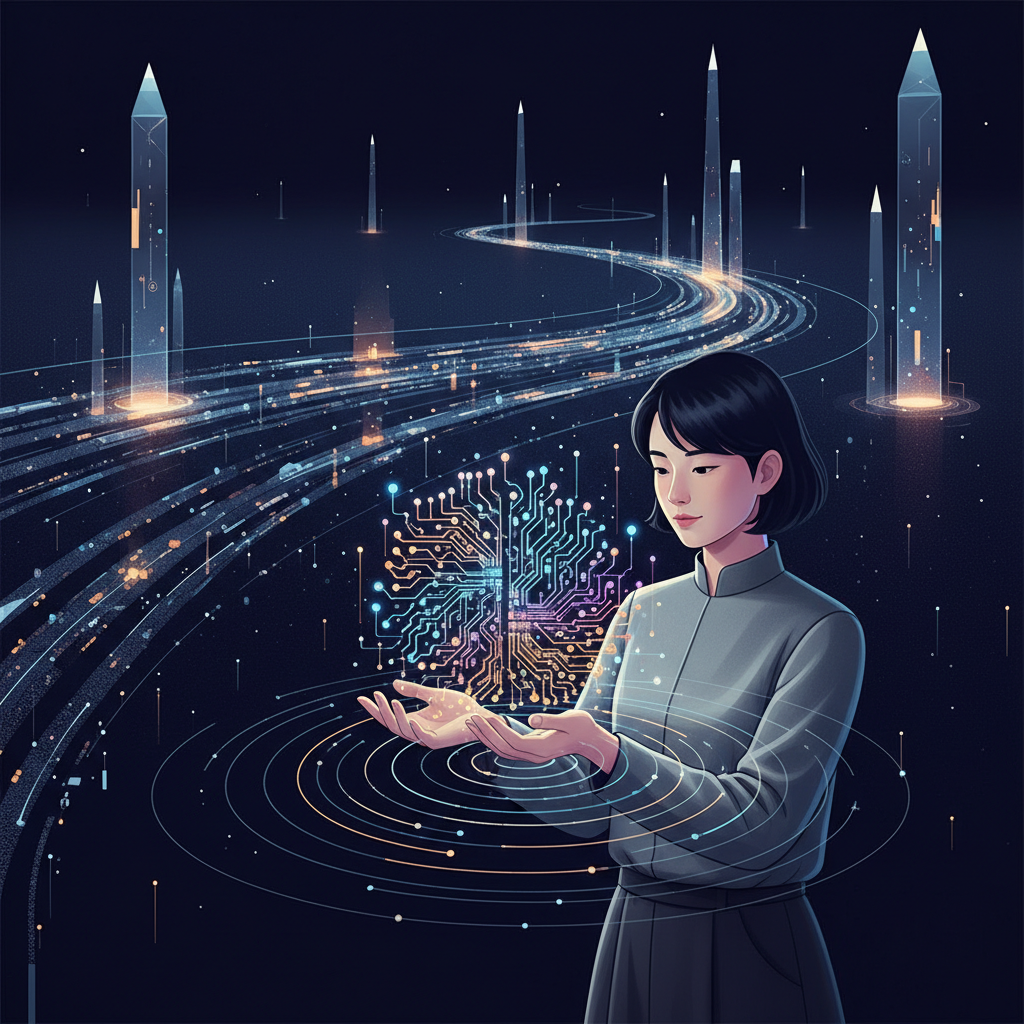 A Korean-looking person gently holding a complex, glowing network of interconnected data points in their hands. In the background, there is a vast, flowing digital landscape, emphasizing the hidden value and depth of proprietary data in the AI era. Clean infographic style, modern layout, high contrast. No visible text.