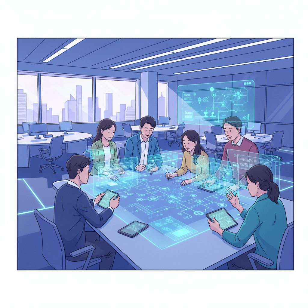 An illustration of diverse people (Korean appearance) collaborating around a large, interactive holographic display that shows complex legal frameworks and AI code. They are in a modern, collaborative workspace. Bright, futuristic lighting. Style: clean infographic, modern layout, high contrast. No visible text.