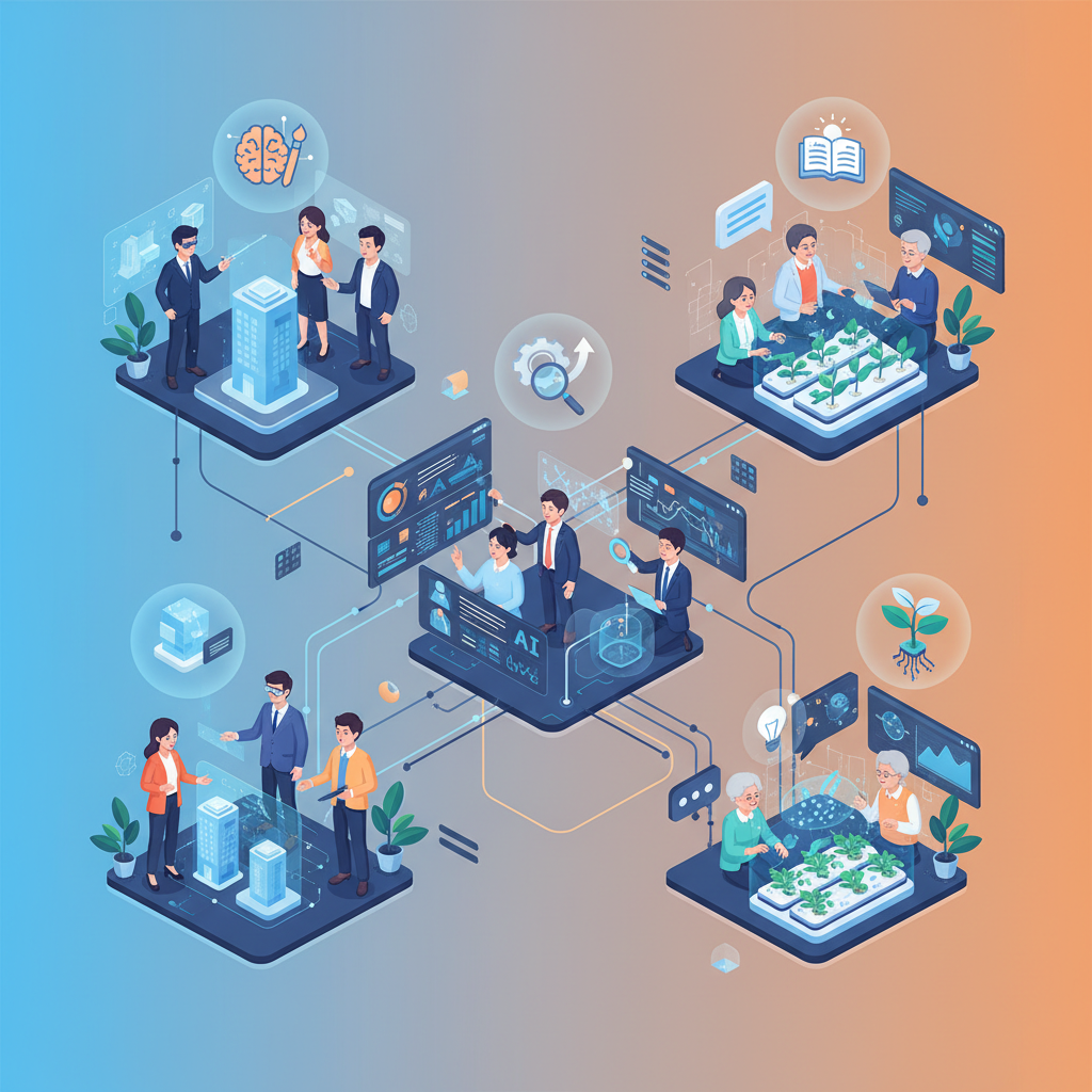 An inspiring infographic showing diverse Korean people collaborating with advanced AI systems, perhaps in creative or analytical roles that did not exist before. Emphasize growth, innovation, and new opportunities. Style: clean infographic, modern layout, high contrast. No visible text. Bright, balanced lighting, colored background.