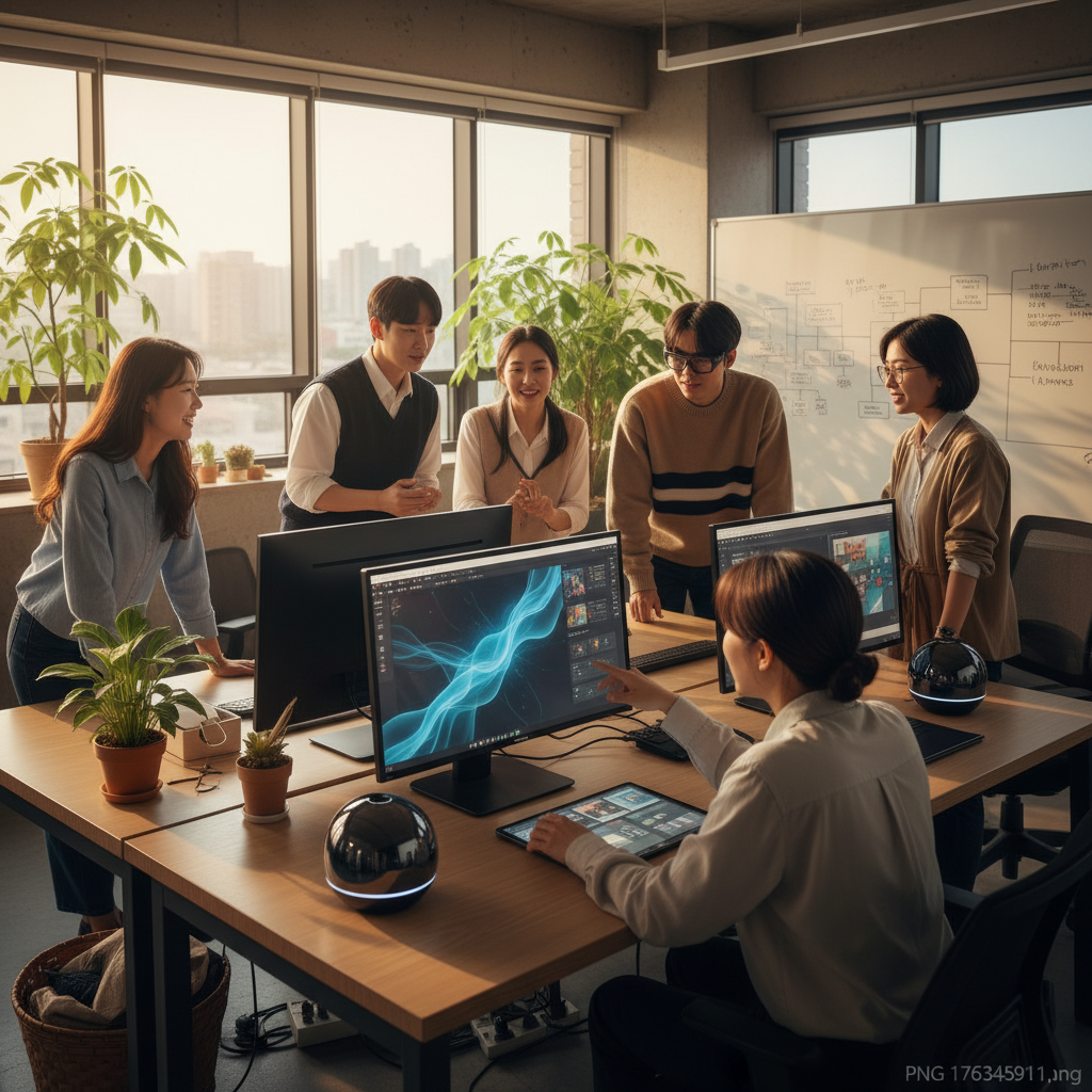 A diverse group of Korean people (natural expressions) are using various AI tools in a modern office setting, adapting to new tasks and roles. The scene conveys collaboration and innovation. Style: lifestyle photography, warm lighting, natural setting. No visible text in image.