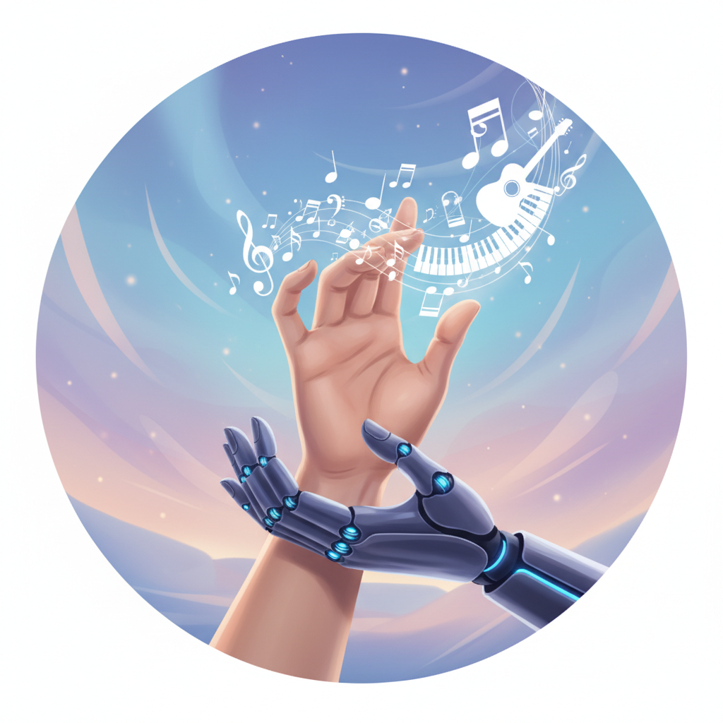 A harmonious illustration depicting a human hand creating music (notes, instrument silhouette) while another hand (slightly robotic) gently supports or assists, symbolizing collaboration rather than conflict. Soft, futuristic lighting, gradient background. Style: illustration, artistic rendering. No visible text.