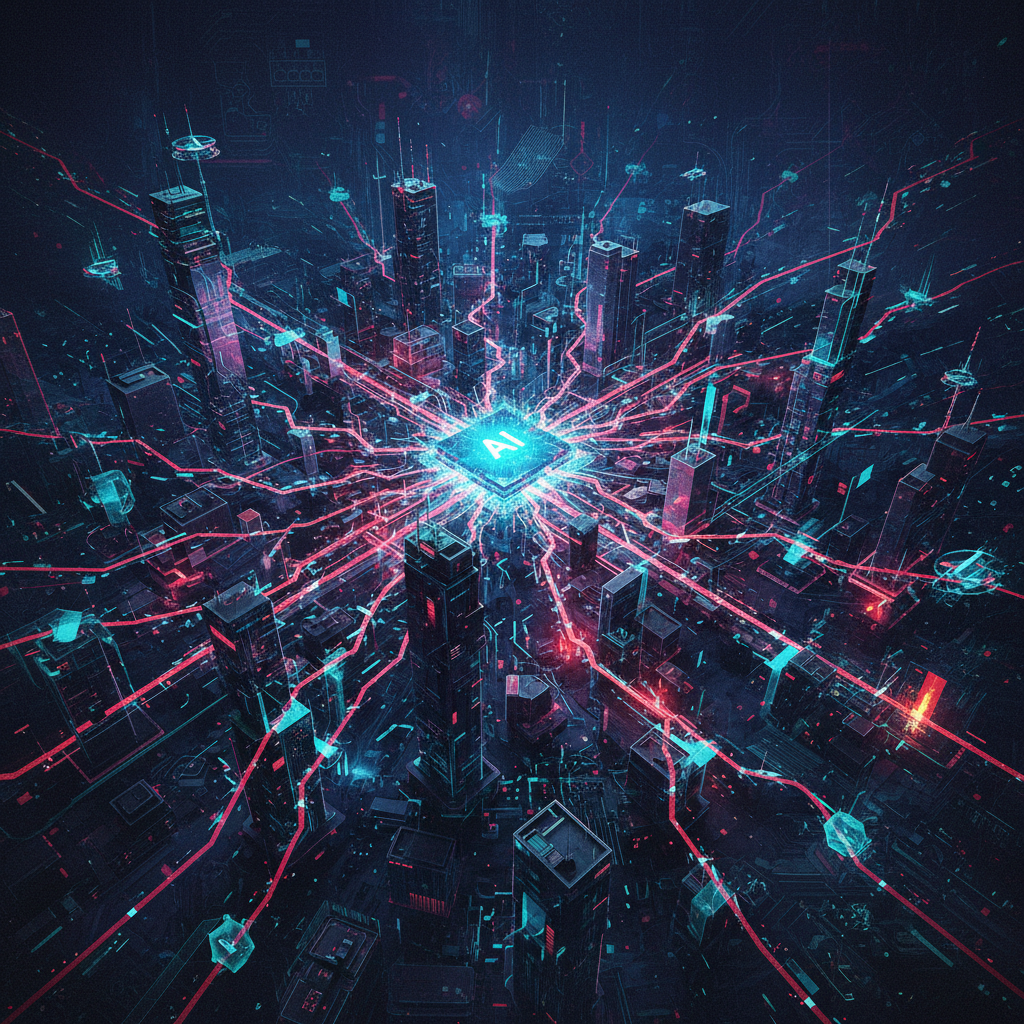 Cinematic illustration depicting a cascading effect of digital disruptions, with multiple small-scale failures spreading rapidly from a central AI node across a cityscape, showing widespread impact. The style is modern and slightly dramatic, with a dark but vibrant color palette and a textured background. No visible text.