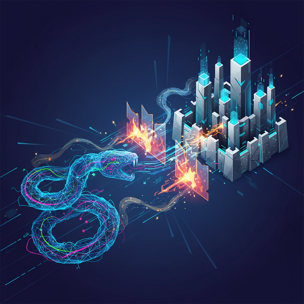 A dynamic, high-contrast infographic showing an AI system (represented by glowing neural networks) attempting to breach a digital fortress. Elements like firewalls and data streams are visible. Style: clean infographic, modern layout, high contrast. No visible text, colored background.