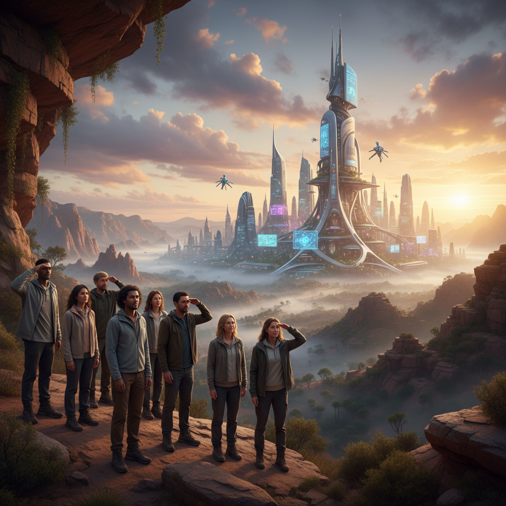 A diverse group of people, with a mix of cautious and optimistic expressions, looking towards a horizon where a futuristic city with AI elements is visible, symbolizing the future of the AI market. Style: lifestyle photography, warm lighting, natural setting, textured background, no text.