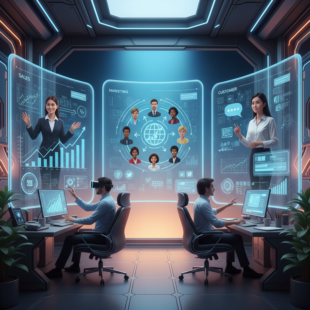 Photorealistic digital avatars interacting with users through multiple screens showing sales, marketing, and customer support scenarios, modern tech office environment, bright balanced lighting, vibrant gradient background with blue and orange tones, futuristic workspace, no text