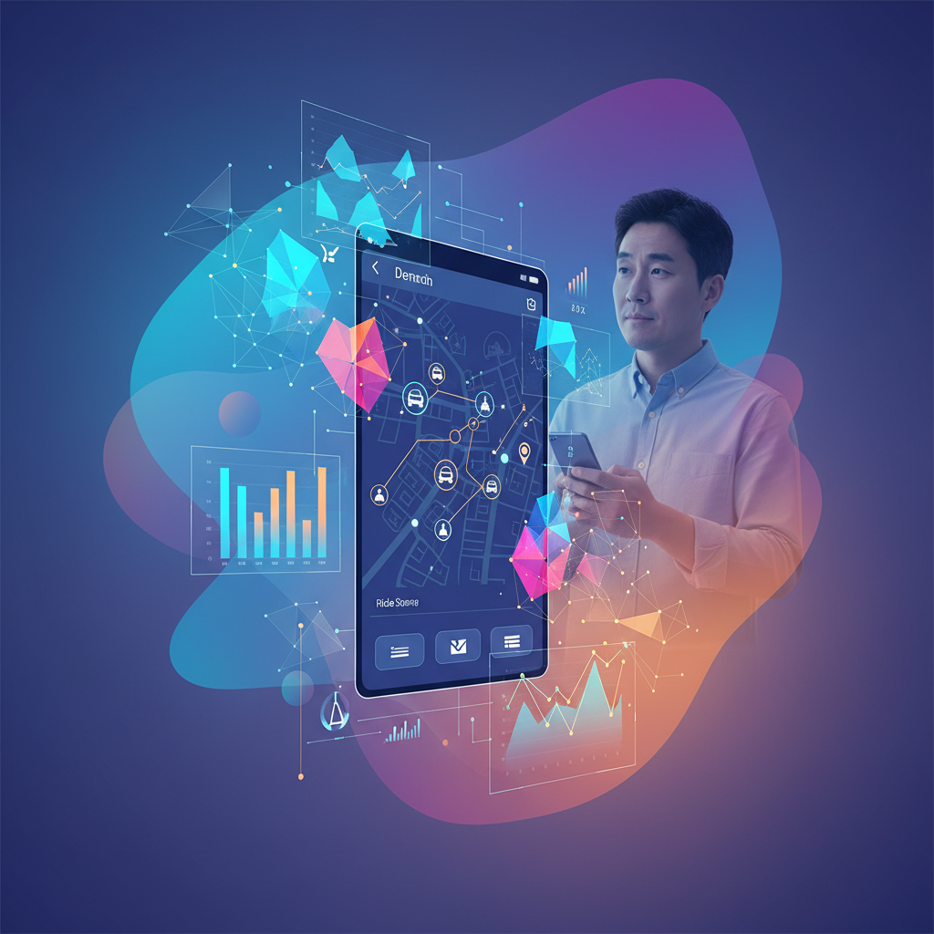 A modern infographic showing a ride-sharing app interface with overlapping data layers, illustrating how an AI algorithm might adjust driver payments. The design is clean with high contrast, using a colored gradient background. A diverse Korean driver with a neutral expression is subtly integrated into the background, hinting at the human element affected by the system. No text, centered focus, full frame.