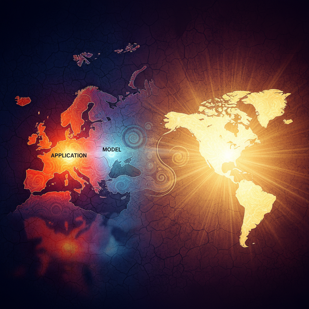 An abstract, symbolic illustration of two stylized landmasses (representing continents) on a textured, gradient background. One landmass shows a vibrant, strong glow in the 'application' zone, while its 'model' zone has a softer light, symbolizing Europe's strong AI app layer growth. The other landmass (representing the US) shows overall strong light. Artistic rendering, high contrast, visually rich. No visible text.