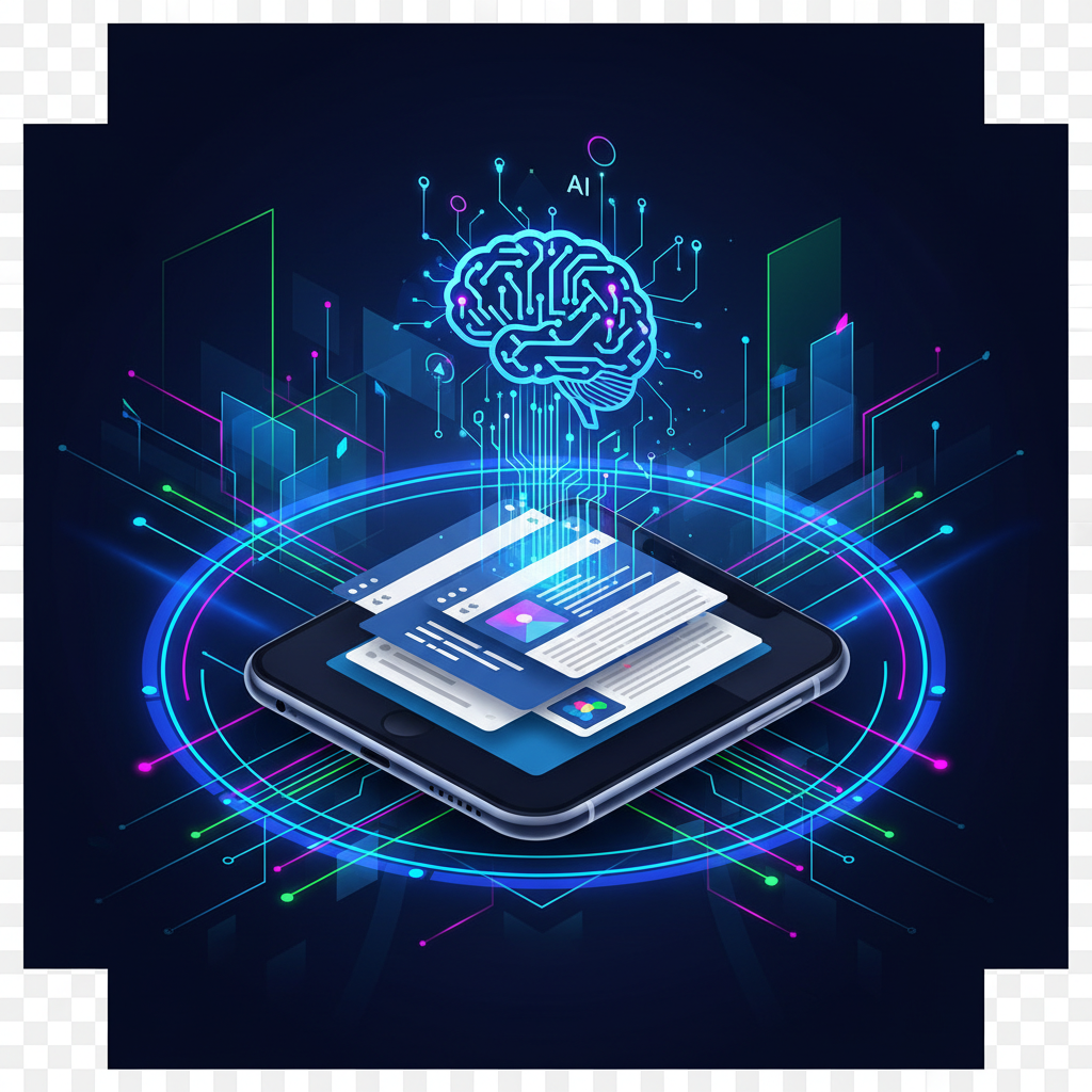 clean infographic, modern layout, high contrast, an AI assistant icon creatively analyzing information from multiple open browser tabs on a smartphone screen, data streams connecting elements, vibrant tech-themed background, no text.