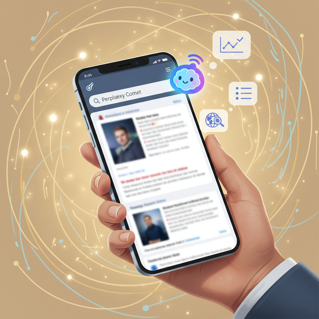 An illustration of a user interacting with a smartphone displaying the Perplexity Comet browser. A stylized AI assistant icon hovers near the search bar, with thought bubbles showing summaries or answers derived from the open web page content. The background features subtle abstract data patterns and a warm, inviting light. No text, modern layout.