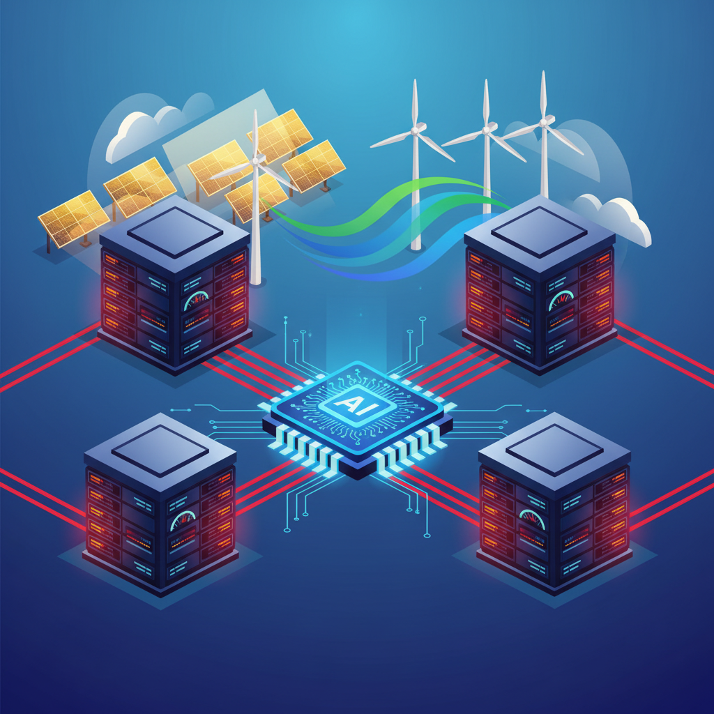 An infographic showing a glowing AI chip connected to large data centers consuming significant energy, contrasted with elements of renewable energy sources like solar panels and wind turbines in the background. Style: clean infographic, modern layout, high contrast. No visible text in image.