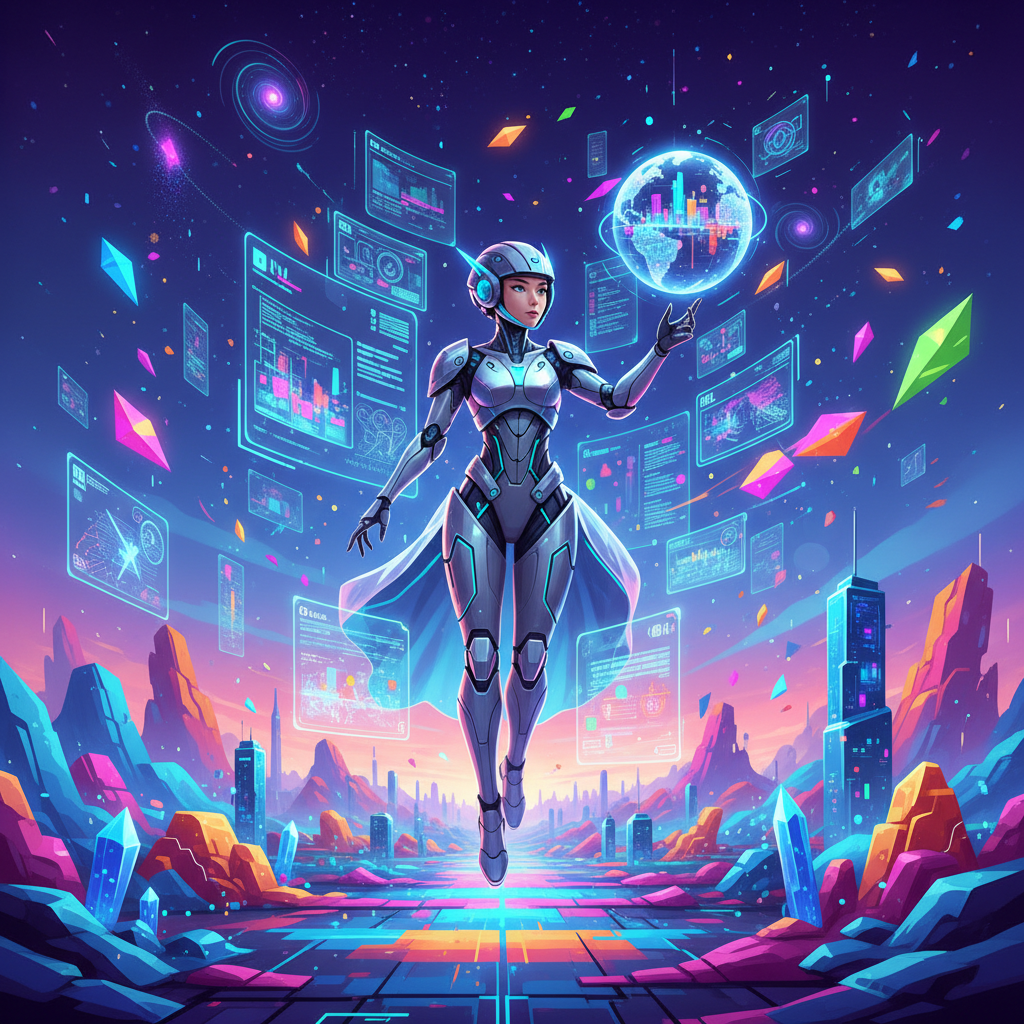 A futuristic AI agent exploring a vibrant virtual world with colorful landscapes, digital elements floating around, Korean appearance character interacting with holographic interfaces, modern sci-fi atmosphere with gradient blue and purple background, bright balanced lighting, centered composition, no text