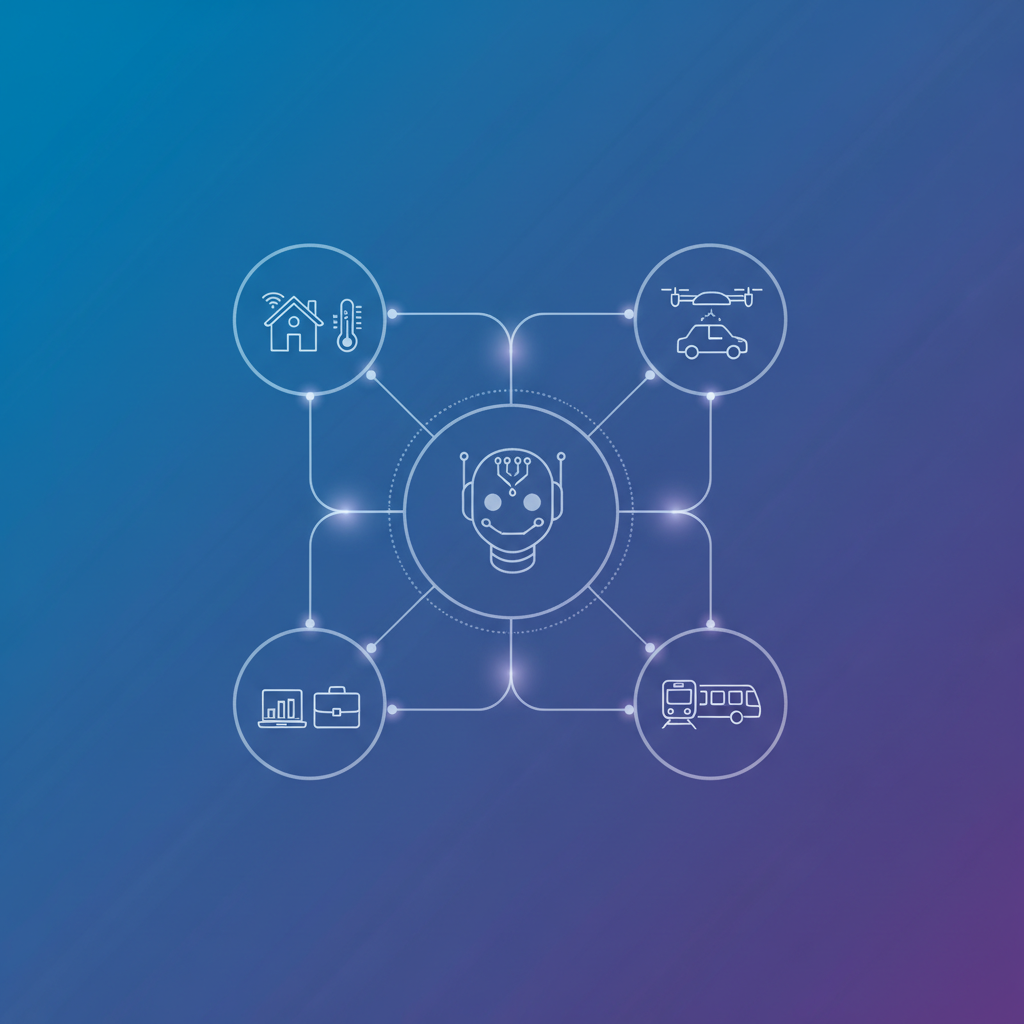 Clean infographic illustrating an AI agent (represented by a stylized digital assistant icon) seamlessly managing various aspects of daily life, such as smart home, work, and transportation. Focus on connectivity and efficiency. Gradient blue and purple background. No visible text.
