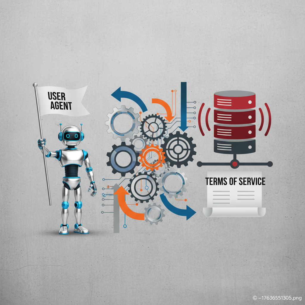 clean infographic, modern layout, high contrast, illustrating a complex legal debate. One side shows a stylized AI robot holding a "user agent" flag, and the other side shows a traditional web server icon with a "terms of service" banner. Interlocking gears and arrows represent the complex legal and technical issues. The background is a textured grey, suggesting a foundational conflict. No text, centered focus, visually rich.