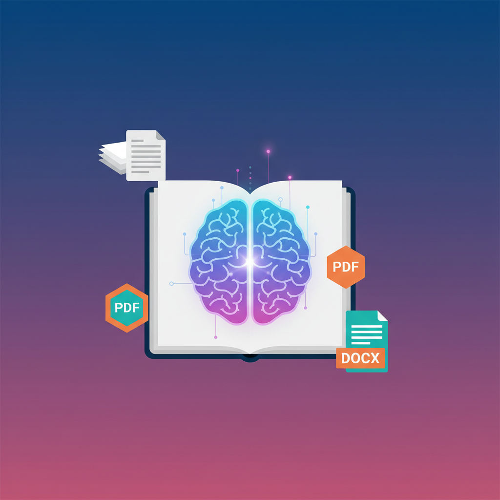 clean infographic, modern layout, high contrast. A stylized representation of a notebook merging with a glowing AI brain, surrounded by various file icons like sheets, pdf, and docx. Colored background, no text.