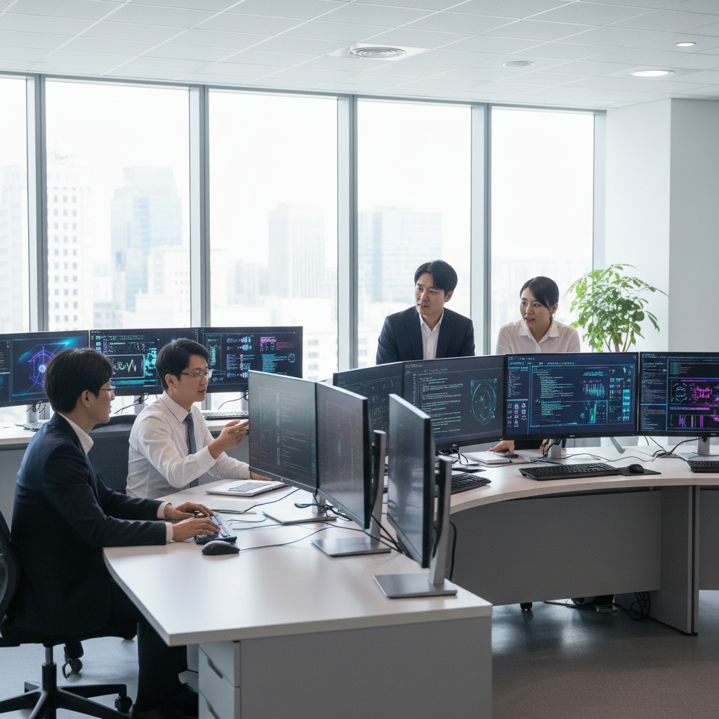 Korean researchers collaborating in a modern tech lab with multiple computer screens showing AI code and data visualizations, bright natural lighting from large windows, clean and professional atmosphere, realistic photography style, no text