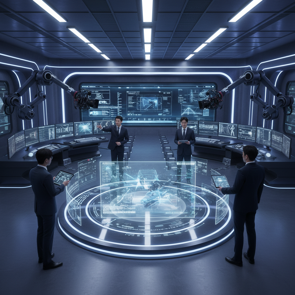 A modern high-tech film production studio with AI equipment, holographic displays showing movie scenes, Korean filmmakers working alongside advanced technology, futuristic lighting, clean professional atmosphere. No text.