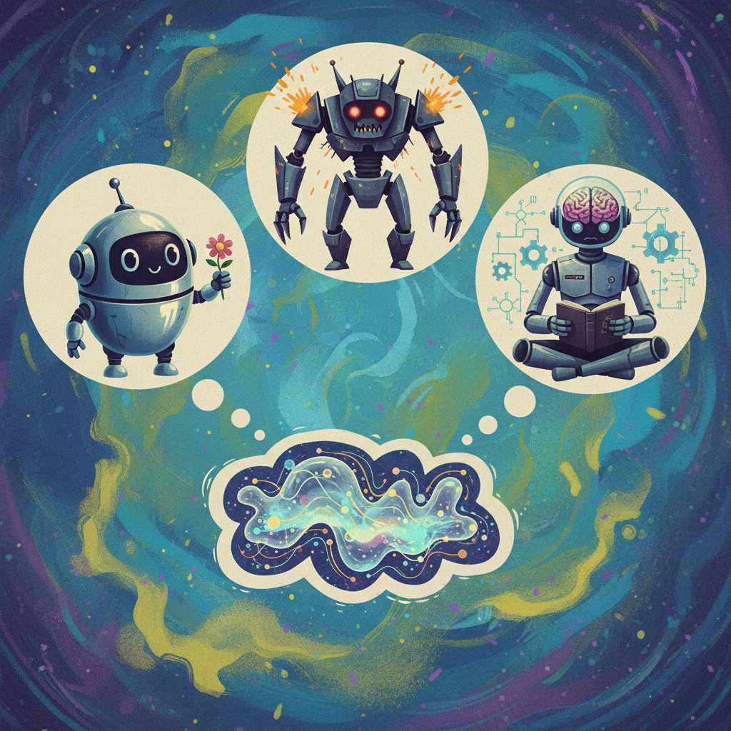 A modern illustration depicting various robot archetypes (friendly, menacing, philosophical) inside thought bubbles, with one bubble showing a new, unconventional AI design, on a vibrant textured background. No visible text.