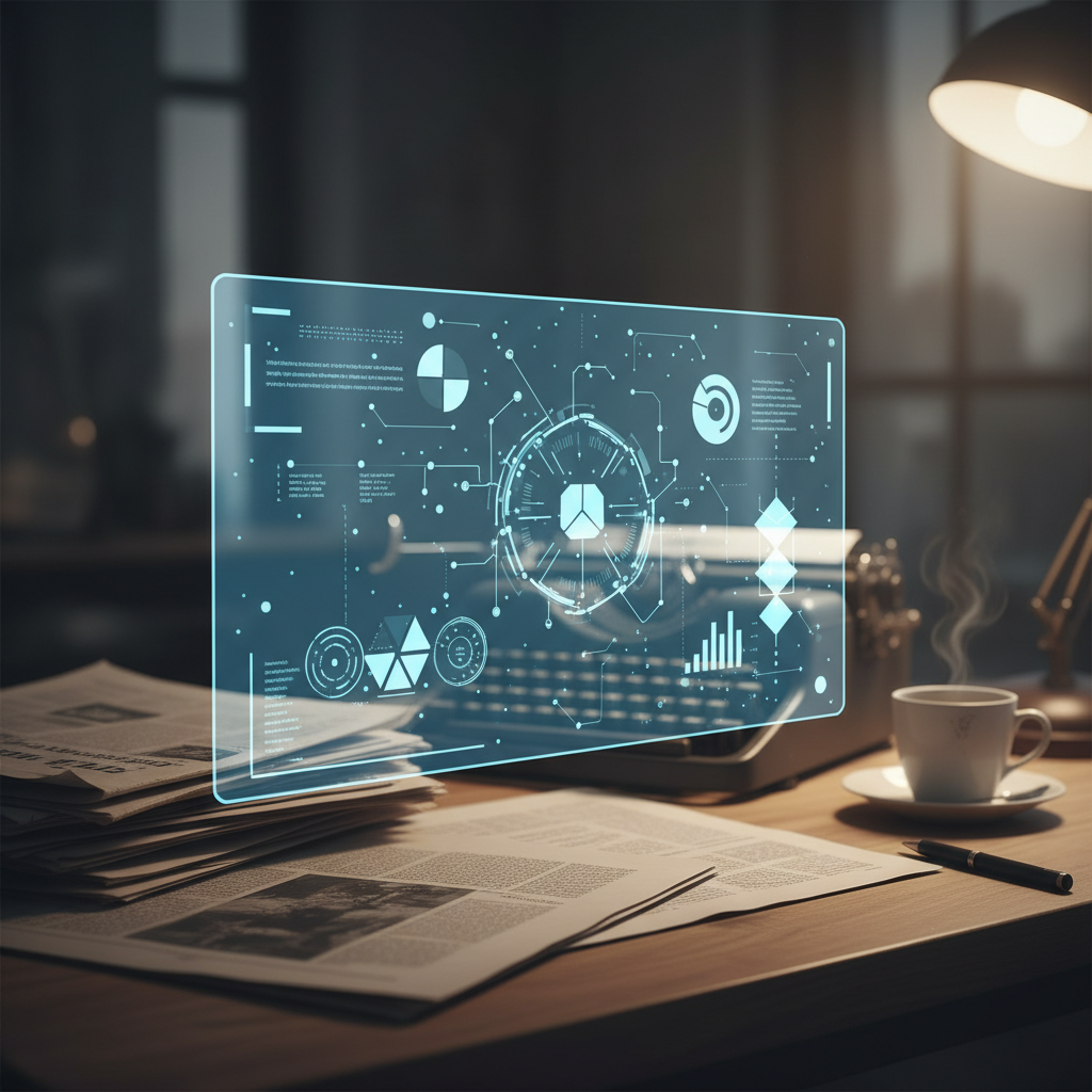 A digital screen displaying a concise AI-generated news summary, with a blurred background of a traditional newspaper or journalist's desk. The focus is on the AI summary. Style: clean infographic. No visible text.