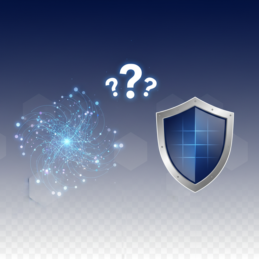 Clean infographic showing a dilemma between a complex AI system (represented by abstract, glowing neural networks) and a shield icon (representing insurance), with question marks above, set against a modern, high-contrast, blue and grey gradient background. No visible text. Korean appearance for people if any.