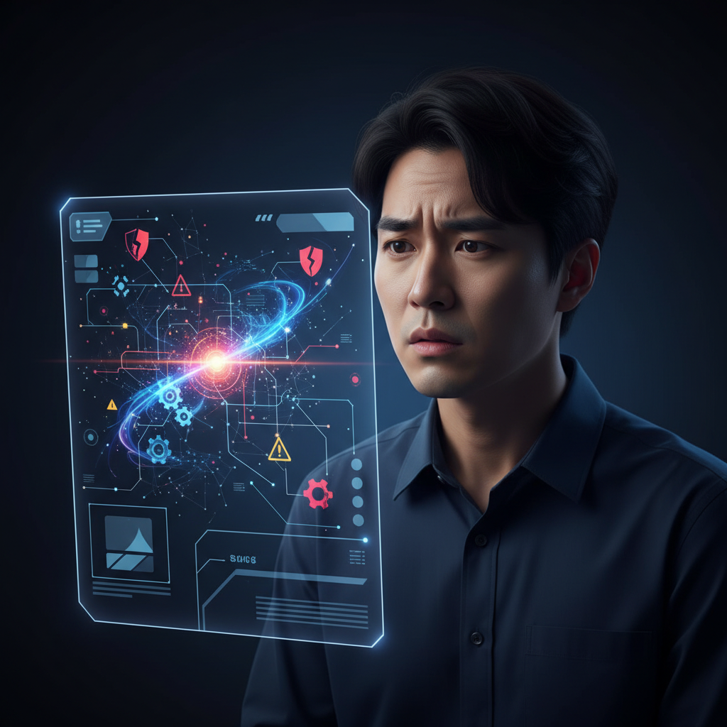 A Korean person with a concerned expression looking at a futuristic, glowing AI interface on a screen, with abstract data streams and subtle warning symbols flowing around. Style: clean infographic, modern layout, high contrast. Background: dark gradient. No text.