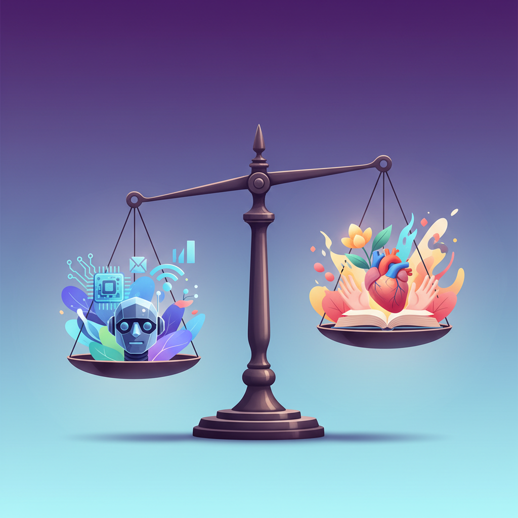 A conceptual illustration showing balanced scales with technology symbols on one side and human elements on the other, set against a gradient background of deep purple and cyan. Futuristic yet warm aesthetic with soft lighting and harmonious composition. No text in image.