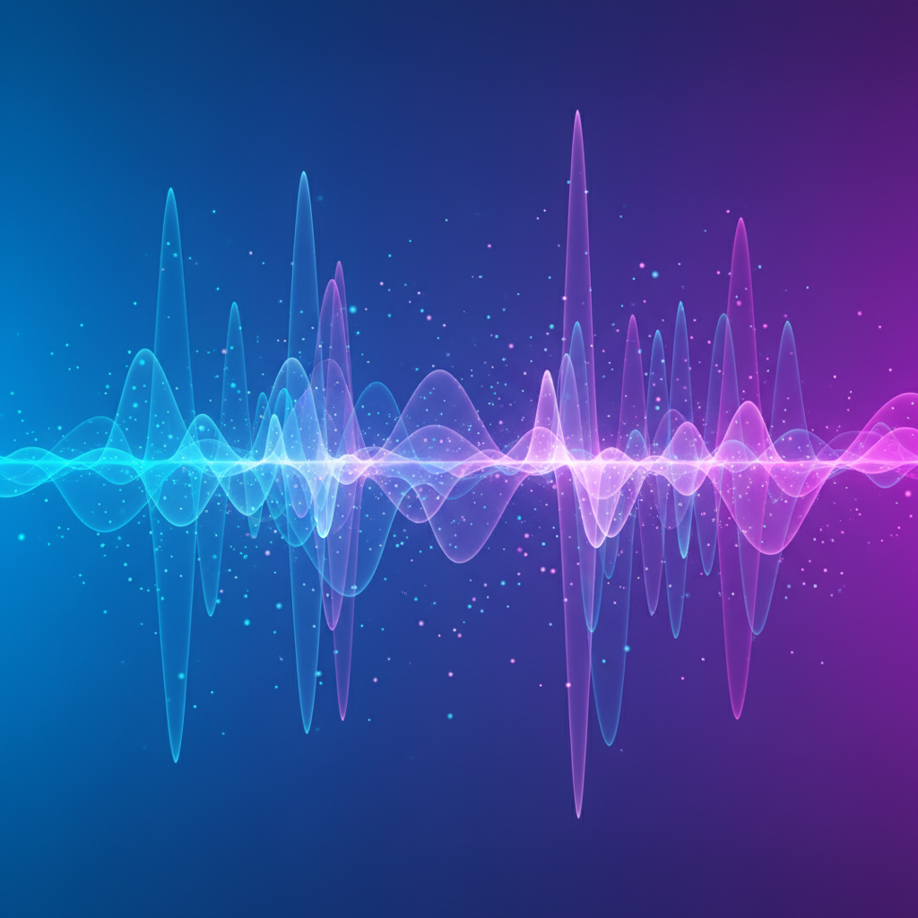 A futuristic digital sound wave visualization with vibrant blue and purple gradient background, showing audio waveforms transforming into holographic patterns. Modern technology aesthetic with glowing particles and dynamic energy flow. No text in image.