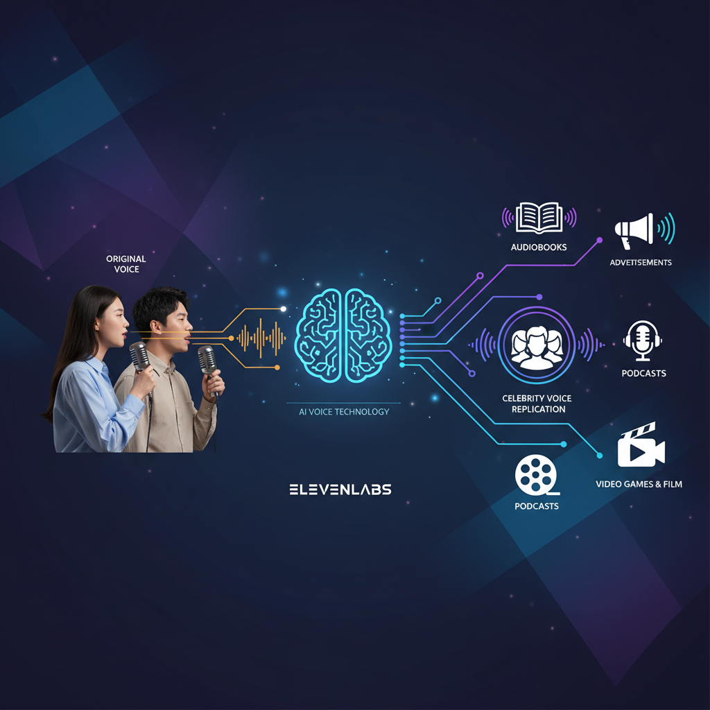 A vibrant infographic illustrating how AI voice technology, specifically ElevenLabs, transforms content creation. Features diverse content types like audiobooks, advertisements, and podcasts, with a focus on celebrity voice replication. The design should be clean and modern with high contrast, showing the flow from original voice to AI-generated audio. No text. Korean appearance people are integrated in a natural way.