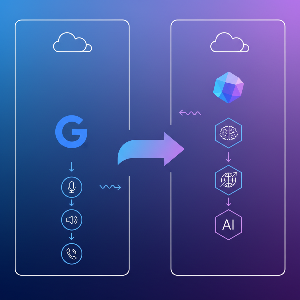 A clean infographic showing the evolution from Google Assistant to Gemini, modern layout with icons and arrows, gradient blue and purple background, high contrast visual elements, comparison chart style, no text in image