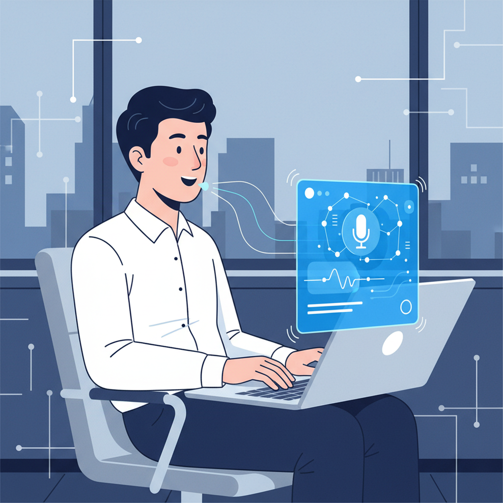 A user effortlessly typing on a laptop using voice commands, with an AI assistant interface overlay on the screen. The background features a modern office setting with subtle digital patterns. Style: clean infographic, modern layout, high contrast. No text. Korean appearance person with natural expression working on a laptop.