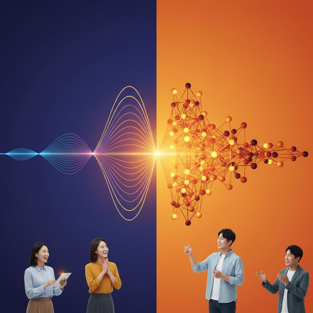 Clean infographic showing a stylized sound wave morphing into AI neural network patterns, representing the integration of AI into music. Modern layout, high contrast, warm lighting, colored background. No text, centered focus, full frame. Korean appearance people observing the transformation in a positive way.