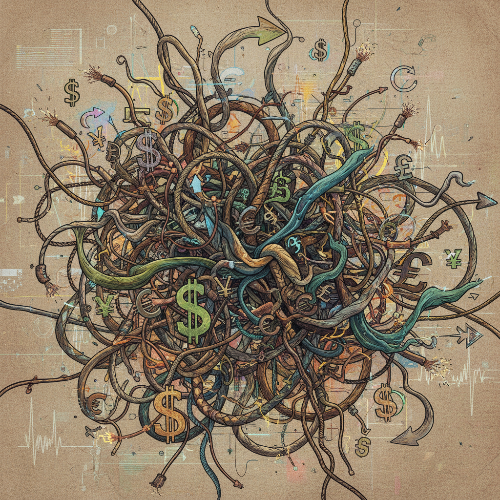 An illustration of a tangled web of wires and money symbols flowing in multiple, confusing directions, representing the complex compensation structure for AI-generated music. Artistic rendering, textured background, balanced lighting. No text.