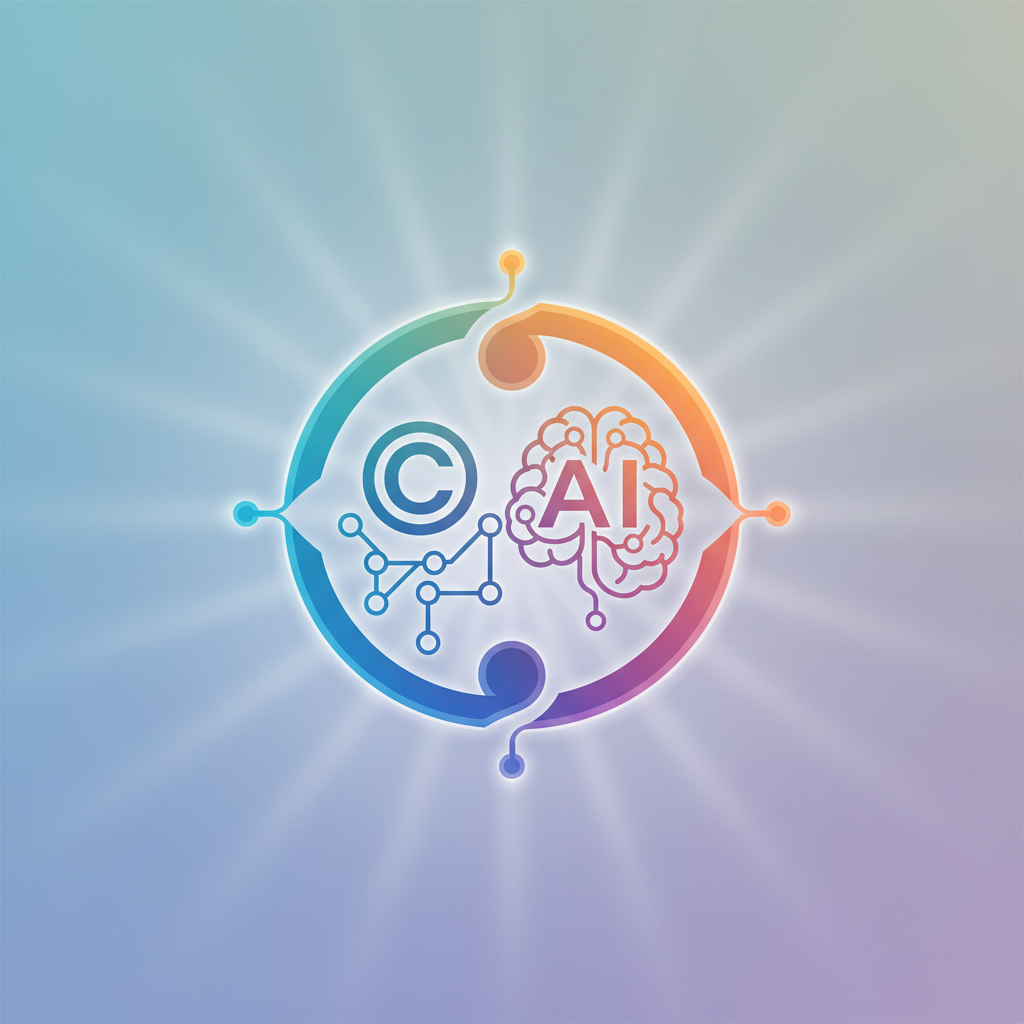 A conceptual image showing a harmonious balance between a copyright symbol and an AI symbol. They are interlocking, suggesting a resolution or agreement. Clean infographic style, modern layout, gradient background. No visible text.