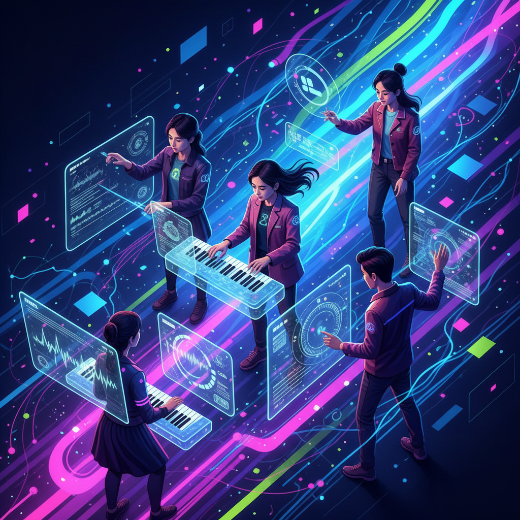 A futuristic, vibrant infographic showing a diverse group of people (Korean appearance) interacting with musical interfaces, subtly integrated with AI elements. The scene emphasizes creativity, collaboration, and cutting-edge technology in music production, with a dynamic and colorful background. No text, modern layout.