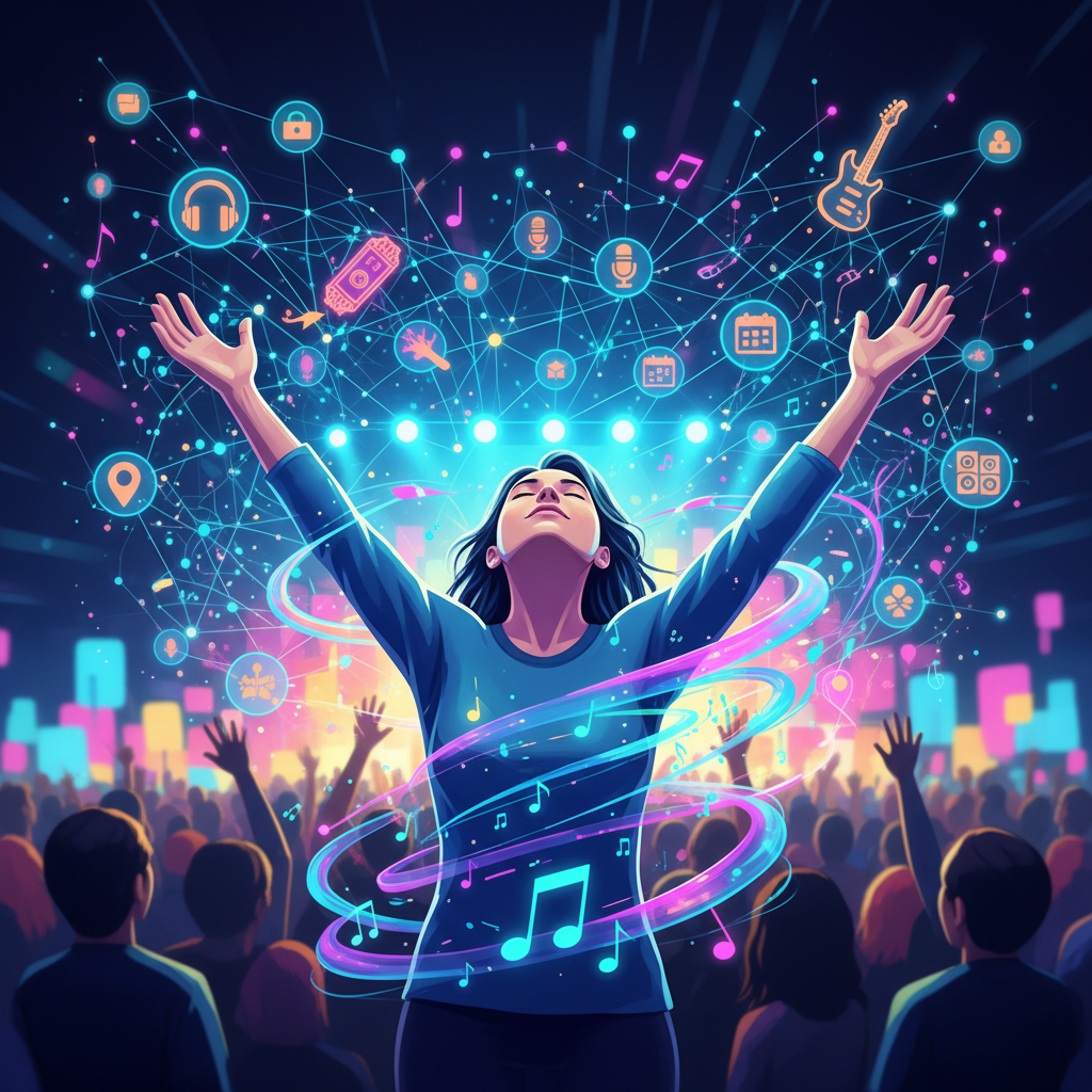 Abstract illustration of a fan enjoying a live concert, with subtle AI-generated musical notes flowing around them. The background shows a digital network connecting music icons and event symbols. Style: modern illustration, vibrant colors, clear visuals, no text.