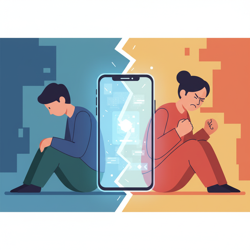 A thought-provoking illustration of two stylized Korean figures sitting apart, separated by a glowing AI chatbot interface on a smartphone. One figure looks emotionally distant, while the other appears frustrated. Minimalist art style, contrasting colors to highlight disconnection, abstract background, no text.
