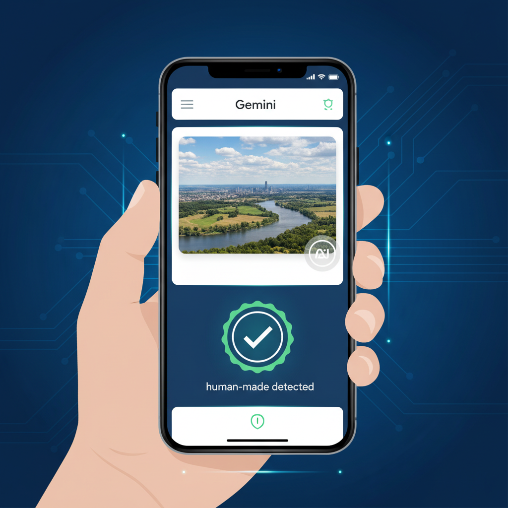 A hand holding a smartphone showing the Gemini app with an image on the screen, and a green checkmark indicating "AI detected" or "human-made detected" (represented visually without text). A subtle watermark icon is visible on the image. Clean infographic, modern layout, high contrast, AI image detection, digital security. No visible text.