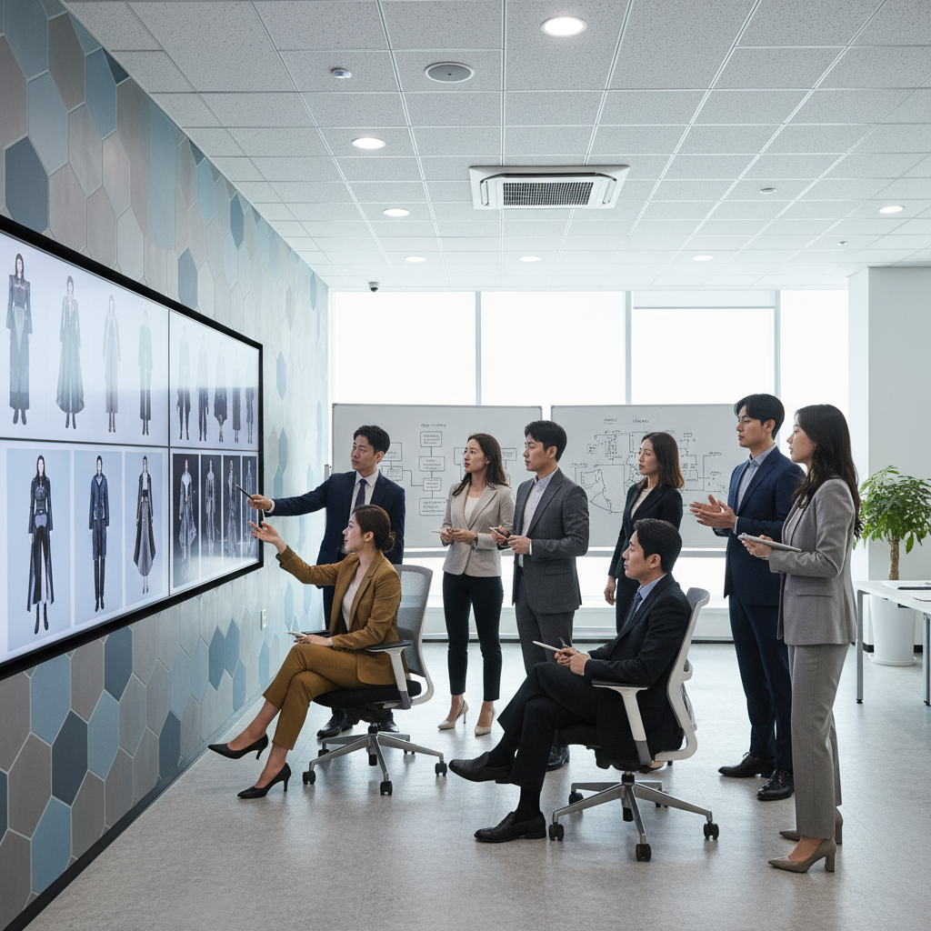 A diverse group of Korean designers collaborating and reviewing AI-generated images on a large screen, showing both impressive results and areas for improvement. Style: modern office setting, bright lighting. Background: subtle geometric patterns. No visible text.