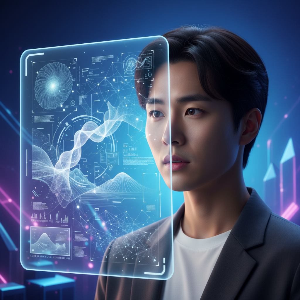A Korean person looking intrigued at a glowing screen displaying advanced AI image generation, with futuristic digital art elements in the background. Style: modern, clean, high contrast. Background: gradient blue-purple. No visible text.