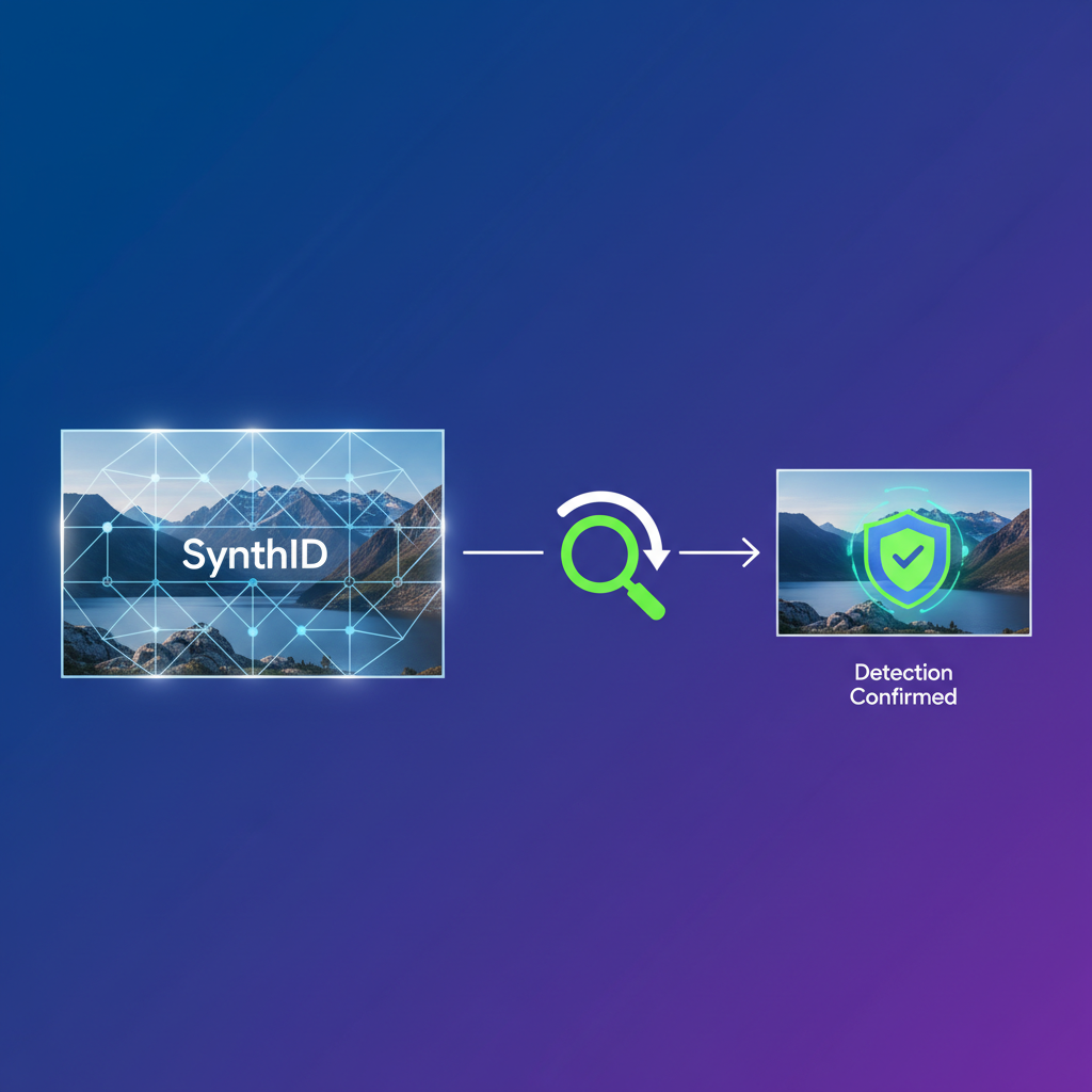 An infographic illustrating the concept of AI image watermarking. A digital image is shown with a subtle, invisible layer or pattern integrated within it, representing SynthID. A scanning icon indicates detection. Style: clean infographic, modern layout, high contrast. Colored background, no text.