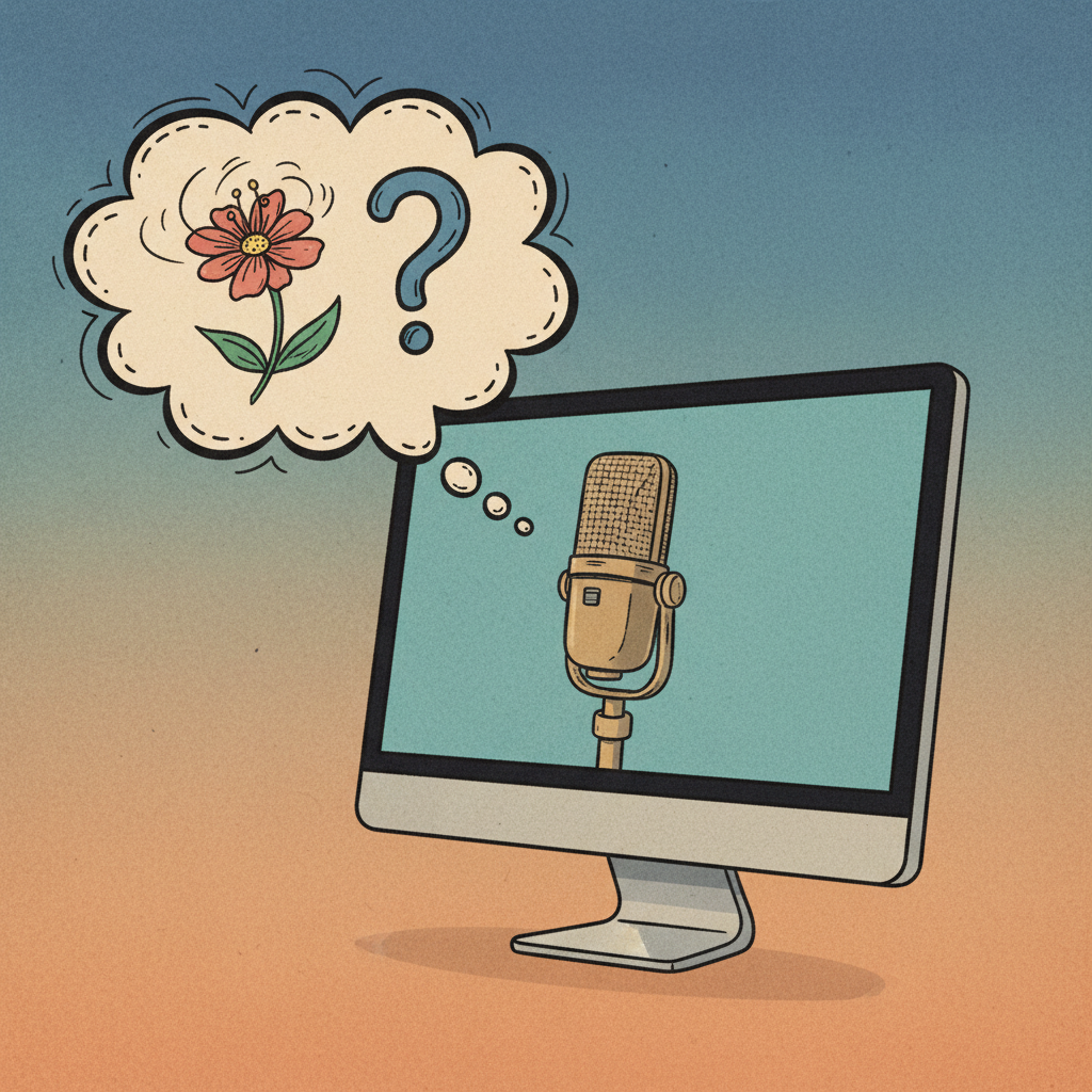 An illustration of a computer screen showing an image of a microphone, with a thought bubble from the AI assistant incorrectly identifying it as something else. The background should be a subtle gradient. Style: artistic rendering, textured background. No visible text.
