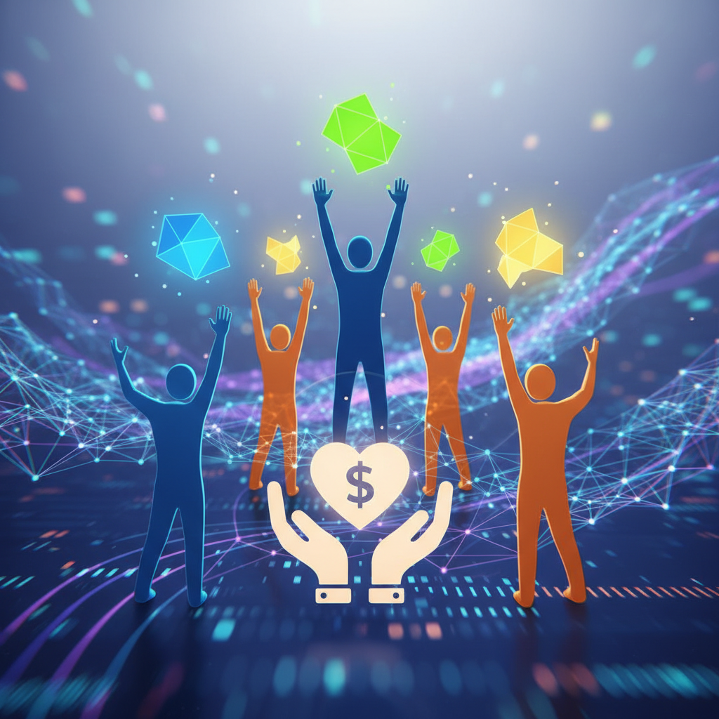 clean infographic, modern layout, high contrast, depicting a competitive landscape for AI talent, with stylized figures reaching for opportunities, and an equity donation symbol as a key offering, against a backdrop of glowing data streams, no text, bright balanced lighting, centered focus, visually rich