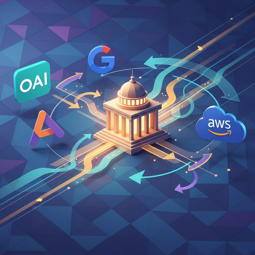 Dynamic infographic showing multiple tech company logos (like OpenAI, Google, Anthropic, AWS) with arrows pointing towards a central government building, depicting competition and collaboration in AI infrastructure. Modern design, vibrant colors, textured background. No visible text.