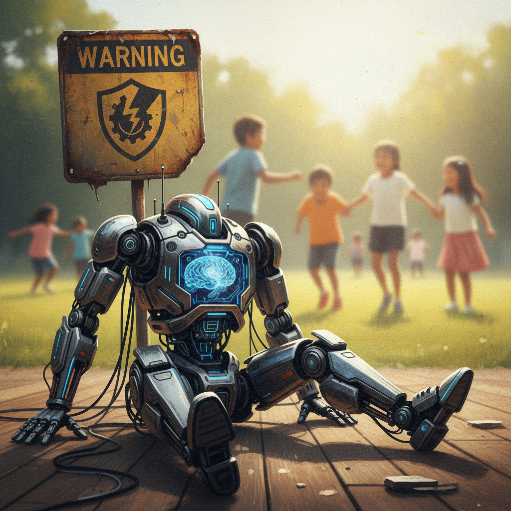A thought-provoking illustration showing a complex AI toy in the foreground, with a background blur of children playing. A faded warning sign is barely visible behind the toy, symbolizing a lack of clear regulation. Style: illustration, artistic rendering, textured background. No text.